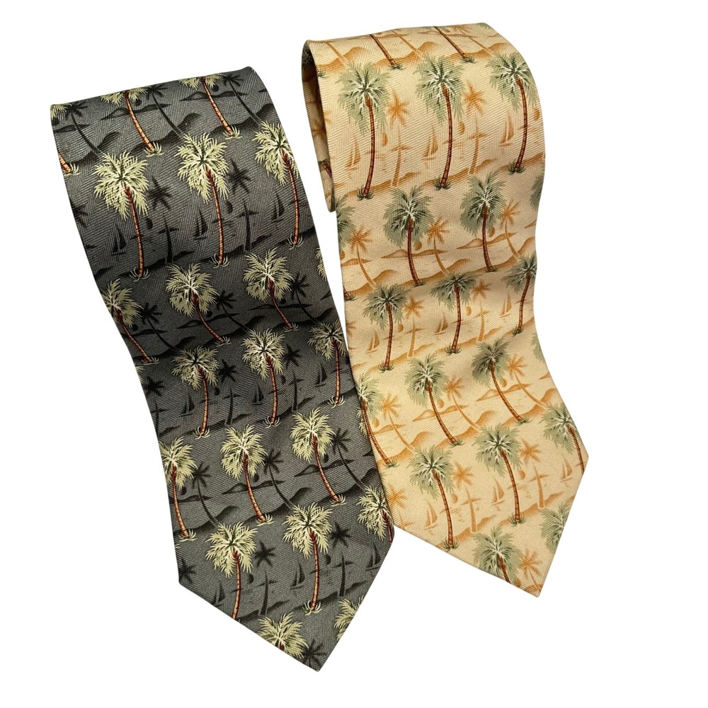 Tommy Bahama‎ Mens Silk Tie Set 2 Palm Tree Tropical Charcoal Grey Cream Beige